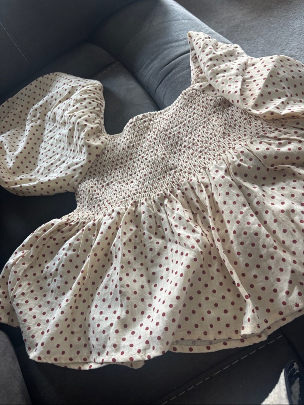 By Together Cream Smocked Top with Burgundy Dot Detail